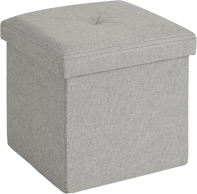 VECELO Storage Ottoman, 11.8'' Folding Footstools, Multipurpose Foot Rest Stool, Foldable Linen Fabric Ottomans, Small Square Ottoman Cube for Living Room/Bed Room/Dorm, Grey