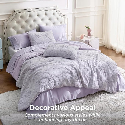 Bedsure Queen Size Comforter Set, Light Purple Boho Tufted Bed Set, 3D Puffy Jacquard Bedding Queen Size, 3 Pieces, 1 Farmhouse Shabby Chic Embroidery Comforter with Bow Pattern & 2 Pillow Cases
