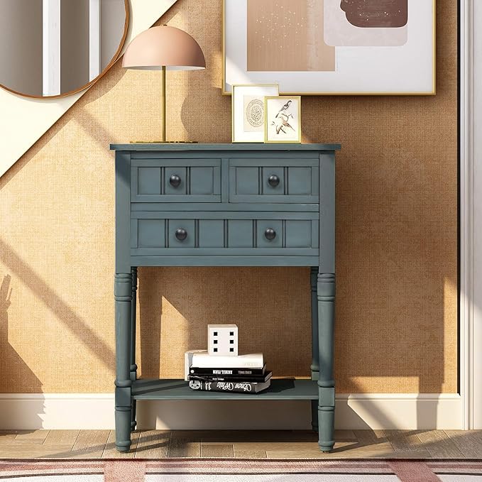 Knocbel Slim Antique Entry Console Table with Drawers & Bottom Open Shelf, Solid Wood Sofa Couch Table for Entryway Hallway Living Room (Navy)