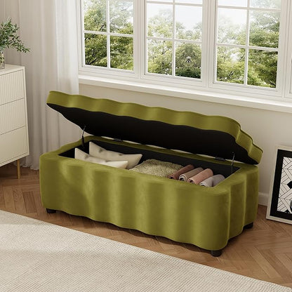 Christopher Knight Home Pean Living Room Ottoman with Storage, Velvet Upholstered Storage Ottoman Bench, Sofa Foot Stool with Wood Frame, Bedroom End of Bed Bench, Chic Scalloped Design, Olive Green