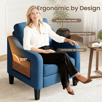 Accent Chair for Living Room Modern Linen Upholstered Armchair Side Wooden Fabric Sofa Chair with Foldable Table 2 Side Pockets Comfy Reading Chair for Bedroom