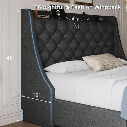 Full Size Upholstered Platform Bed Frame with 4 Storage Drawers and Charging Station, Linen Button Tufted Wingback Headboard, Sturdy Wooden Support Slats, No Box Spring Needed, Dark Grey