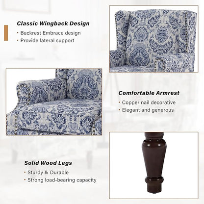 Wingback Accent Chair, High Back Upholstered Armchair, Printed Fabric Wingback Arms Chairs with Wood Legs, Single Sofa Reading Chair for Bedroom Living Room, Navy