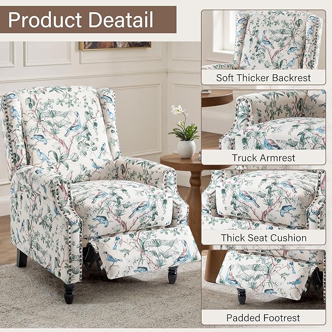 UIXE Pushback Floral Recliner Chairs Set of 2, Fabric Upholstered Armchair Push Back Accent Chair for Living Room, Rivet Trim Club Chair Home Theater Single Sofa Bedroom Side Reading Seat - Bird