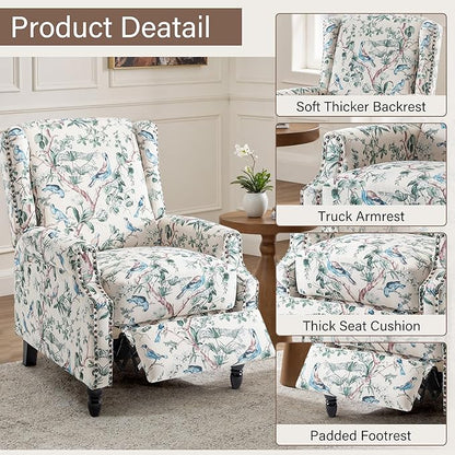 UIXE Pushback Floral Recliner Chair, Fabric Upholstered Armchair Push Back Accent Chair for Living Room, Rivet Trim Club Chair Home Theater Single Sofa Bedroom Reading Seat - Bird