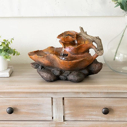 Alpine Corporation 9" Tall Indoor Tabletop Tiered Leaf Hand-Painted Fountain with LED Lights