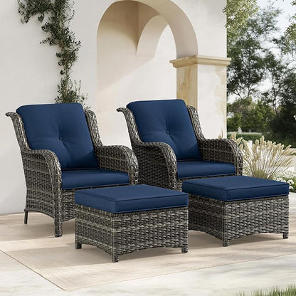 4 Pieces Patio Conversation Set, Wicker Chairs Set of 2 and Two Ottomans with 3.5-inch Seat Cushions, High Back and Curved Armrest for Backyard, Balcony and Deck, Blue