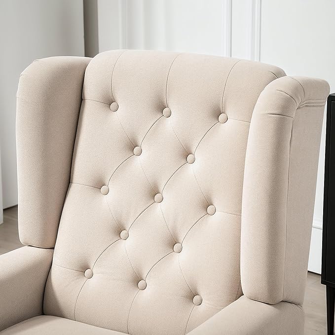 HOMCOM Mid-Century Modern Accent Chair, High Wingback Chair, Button-Tufted Upholstered Fabric Armchair with Retro Wood Legs for Living Room, Bedroom, Beige