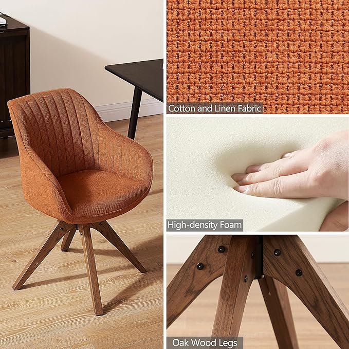 Zouron Mid Century Modern Accent Chair with Oak Wood Legs, Upholstered Swivel Chair No Wheels, Side Accent Armchair Vanity Chair for Small Space Home Office Living Room Bedroom, Caramel