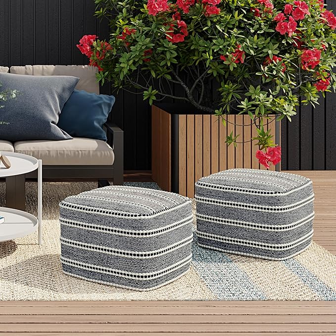SIMPLIHOME Corrie Boho Square Woven Outdoor/ Indoor Pouf in Navy and White Recycled PET Polyester for the Living Room, Bedroom and Kids Room