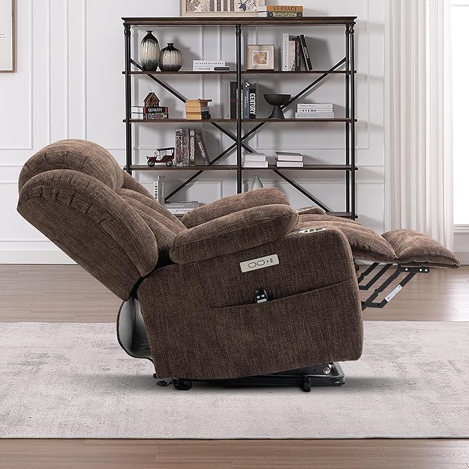 Power Lift Chair for Elderly, Electric Recliner Chair with 8-Point Vibration Massage and Lumbar Heating, Charging Ports, Cup Holders, Standing Assistance Reclining - Brown