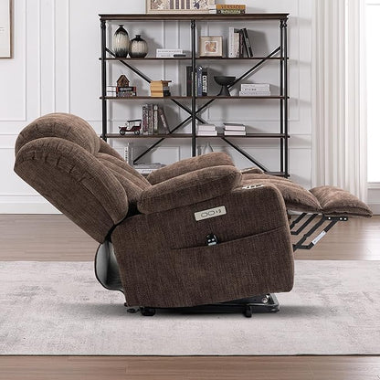 Power Lift Chair for Elderly, Electric Recliner Chair with 8-Point Vibration Massage and Lumbar Heating, Charging Ports, Cup Holders, Standing Assistance Reclining - Brown