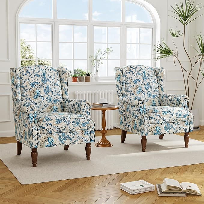 Accent Chair, Upholstered High Back Floral Armchair with Nailhead Trim & Wood Legs, Comfy Wingback Reading Single Sofa Chair for Small Spaces, Living Room, Bedroom ( Boho Blue Floral, Set of 2)