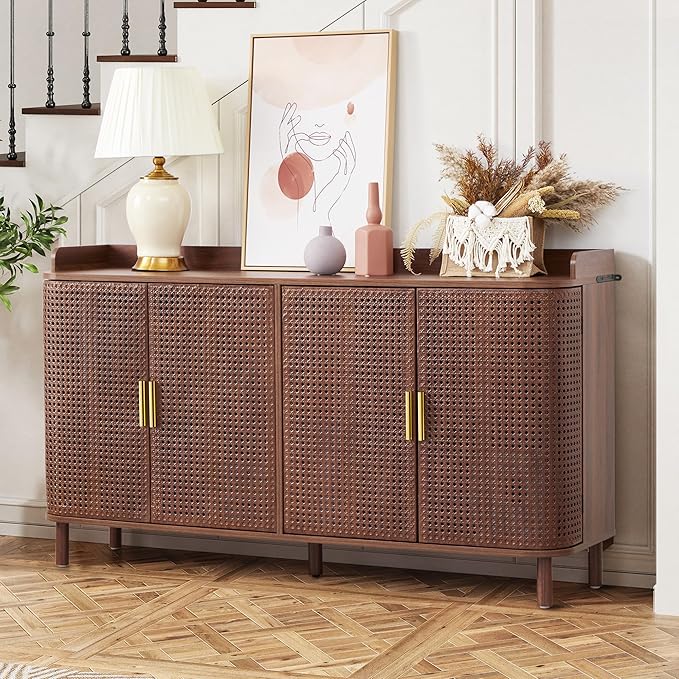 4 Doors Storage Cabinet, 2 Tier Wooden Storage Organizer Cabinet with Adjustable Shelf, Sideboard Buffet Cabinets with Iron Curved Doors Accent Shoe Rack for Entryway Hallway Living Room (Walnut)