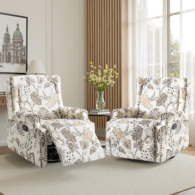 Premium 360° Swivel Recliner Chair with Footrest - Luxurious Cotton Linen & Botanical Design-Cream Plant