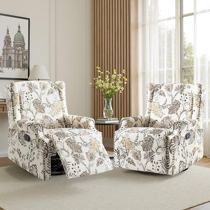 Premium 360° Swivel Recliner Chair with Footrest - Luxurious Cotton Linen & Botanical Design-Cream Plant