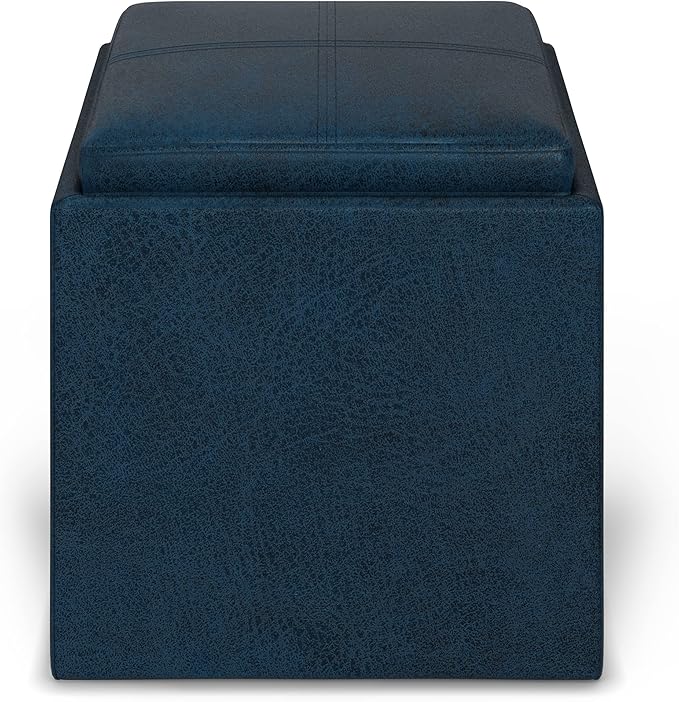SIMPLIHOME Rockwood 18 inch Wide Contemporary Square Cube Storage Ottoman with Tray in Distressed Dark Blue Vegan Faux Leather, Assembled, For the Living Room, Entryway and Family Room