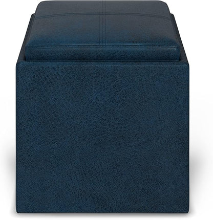 SIMPLIHOME Rockwood 18 inch Wide Contemporary Square Cube Storage Ottoman with Tray in Distressed Dark Blue Vegan Faux Leather, Assembled, For the Living Room, Entryway and Family Room