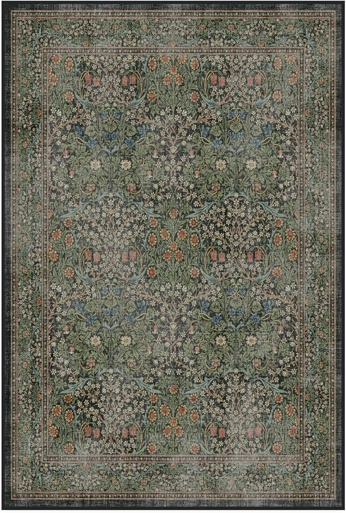 RUGGABLE x Morris & Co Washable Area Rug – Blackthorn Forest Green 4x6, Stain-Resistant, Non-Slip – Medium Machine Washable Rugs for Living Room, Bedroom, Hallway, Entryway & Office–with Standard Pad