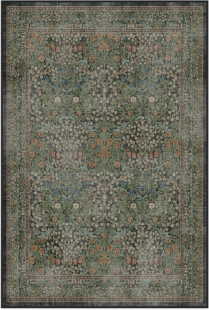 RUGGABLE x Morris & Co Washable Area Rug – Blackthorn Forest Green 4x6, Stain-Resistant, Non-Slip – Medium Machine Washable Rugs for Living Room, Bedroom, Hallway, Entryway & Office–with Standard Pad