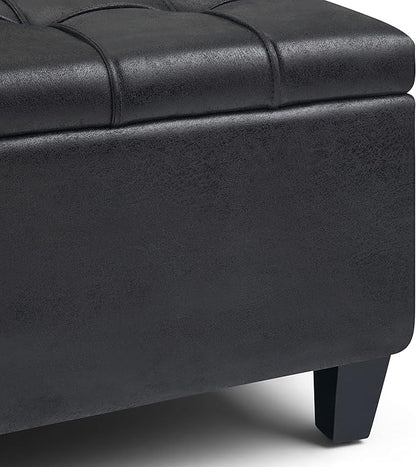 SIMPLIHOME Harrison Coffee Table Storage Ottoman - 36 inch Wide Upholstered Vegan Leather Square Lift-Top Ottoman in Distressed Black, Transitional Ottoman for Living Room with Hidden Storage
