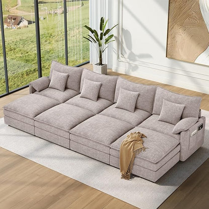 Vesgantti 142" Oversized Sectional Sofa Bed, 8-Seater Modular Sleeper Cloud Couch with Movable Ottoman, Chenille Convertible Sofa Set Deep Seat Couches for Living Room, Bedroom and Apartment, Brown