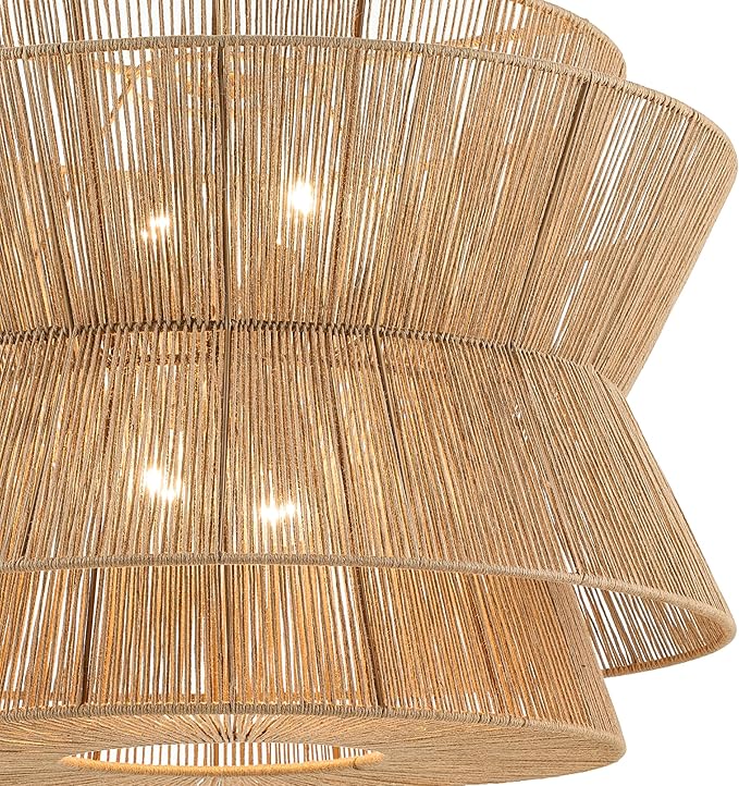 KICHLER Ophira 4-Light Pendant, Global Boho Light with Jute Shade in Champagne Bronze, Sloped Ceiling Compatible, for Living or Dining Room (24.75" x 36"), 52736CPZ