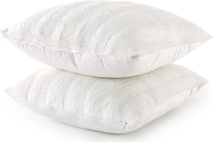Cheer Collection Faux Fur Throw Pillows - Decorative Pillows for Couch, Bed Throw Pillows, Sand Accent Pillows for Bedroom or Living Room Aesthetic, Set of 2 Furry Throw Pillows, 18”x18”