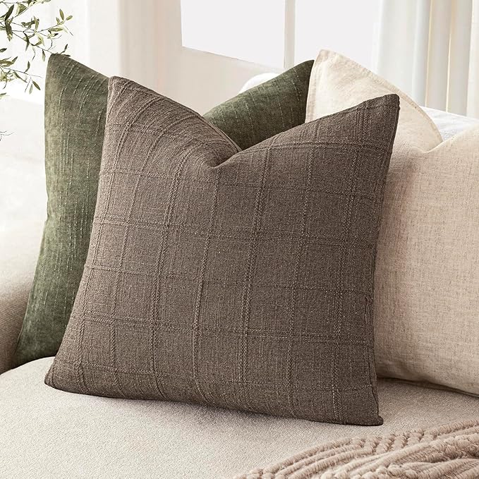 Foindtower Set of 2 Decorative Linen Check Throw Pillow Covers Neutral Farmhouse Vintage Cushion Covers Modern Boho Home Decor for Sofa Chair Couch Bedroom Living Room,16×16 Inch,Taupe Grey