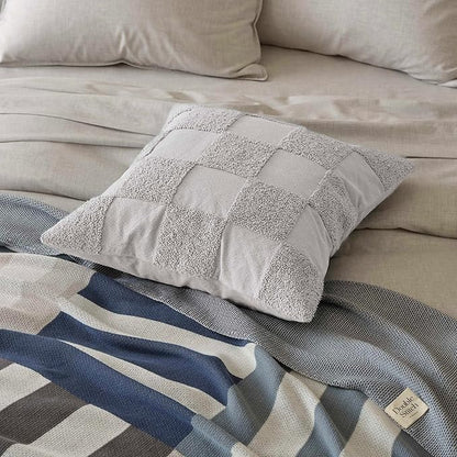 Double Stitch Checkered Throw Pillow Covers - 100% Cotton Set of 2 Tufted Boho Decorative Pillow Covers 20x20, Made in India, Square Cushion Case, Modern Home Decor for Couch, Sofa, Winter Sky