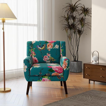 Accent Chair, Modern Linen Blend Arm Chair for Living Room, Bedroom, Comfy High-Resilient Sponge Reading Chair for Small Spaces (Pattern Floral Blue, Set of 1)