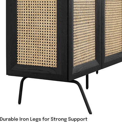NTC MOSSIC Modern Sideboard with 3 Doors, Natural Rattan Storage Cabinet, Buffet with Metal Legs, Boho Accent Cabinet for Living Room, and Entryway, Effortless Assembly - Burnt Black