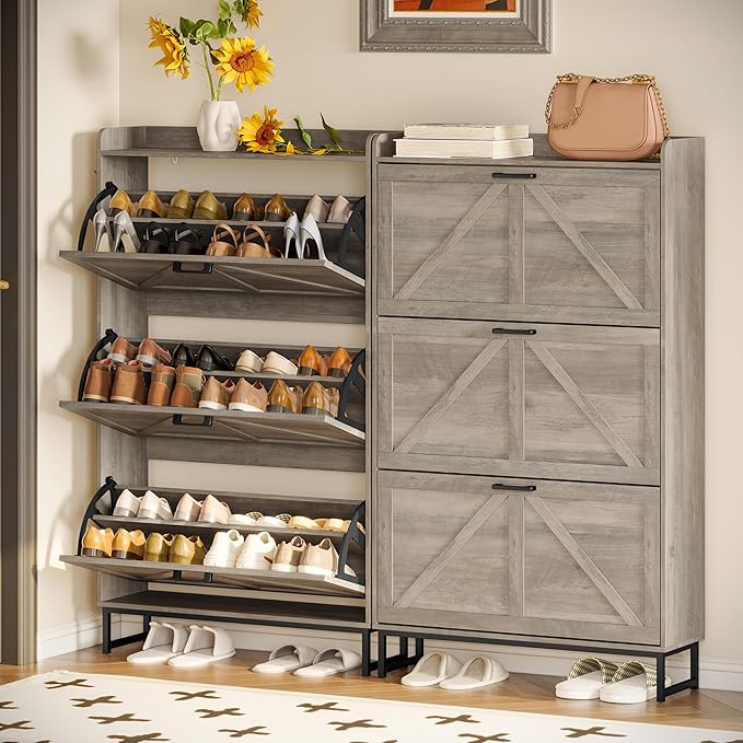 Shoe Cabinet Storage for Entryway, Shoe Storage Cabinet with 3 Flip Drawers, Freestanding Narrow Shoe Rack Organizer with Metal Legs & Side Hook for Foyer, Hallway, Grey
