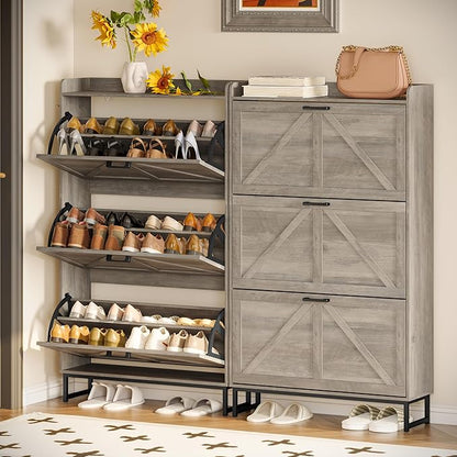 Shoe Cabinet Storage for Entryway, Shoe Storage Cabinet with 3 Flip Drawers, Freestanding Narrow Shoe Rack Organizer with Metal Legs & Side Hook for Foyer, Hallway, Grey