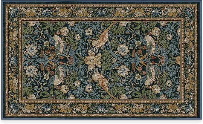 RUGGABLE x Morris & Co Washable Area Rug – Strawberry Thief Indigo 3x5, Stain-Resistant, Non-Slip – Small Machine Washable Rugs for Living Room, Bedroom, Hallway, Entryway & Office–with Standard Pad