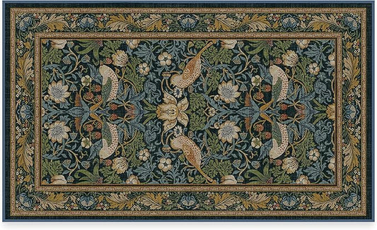 RUGGABLE x Morris & Co Washable Area Rug – Strawberry Thief Indigo 3x5, Stain-Resistant, Non-Slip – Small Machine Washable Rugs for Living Room, Bedroom, Hallway, Entryway & Office–with Standard Pad