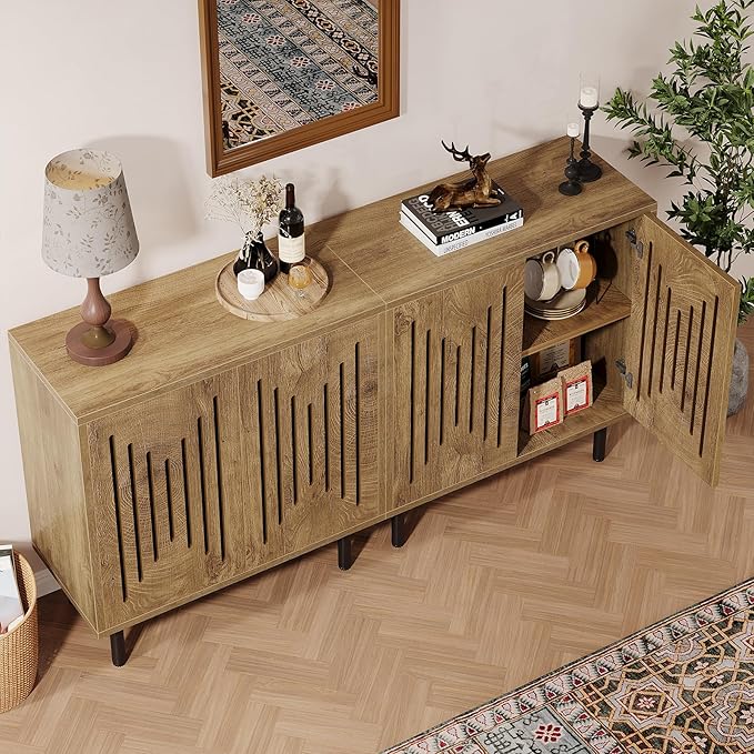 Tribesigns Set of 2 Sideboard Buffet with Storage, 59" Buffet Sideboard Cabinet with Adjustable Shelves, Accent Storage Cabinet for Living Room, Natural
