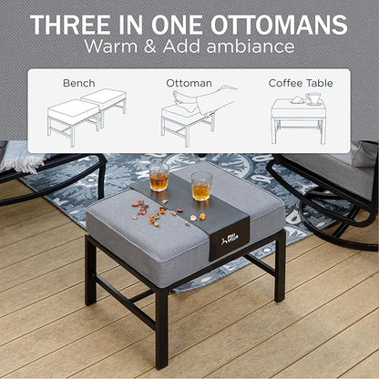 PHI VILLA 6 Piece Patio Furniture Sets with 1 x 3-Seat Deep Seating Bench, 2 x Cushioned Swivel Sofa Chairs, 1 x Coffee Table & 2 Ottoman, Outdoor Metal Conversation Set for Lawn Garden Yard,Grey