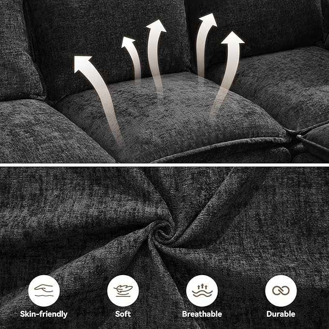 80" Cloud Modular 3 Seater Sofa with Storage Ottoman, Modern Upholstered Storage Sofa Couch Deep Seat, L Shape Sectional Sofa Chenille Comfy Couch with Armrests for Living Room, Small Space, Black