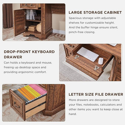T4TREAM 59" Farmhouse Executive Desk with Hutch,Wood Home Office Computer Desk, Featuring Keyboard Tray,Charging Station,File Drawer, Storage Cabinet,for Work and Study (Reclaimed Barnwood)