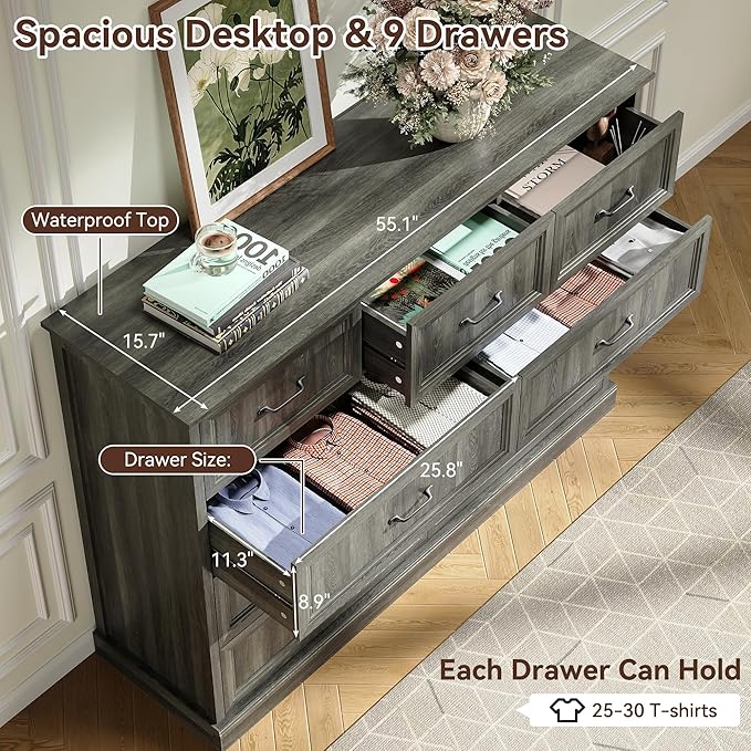 Farmhouse Dresser and Nightstand Sets, 4Pcs Bedroom Furniture Set, Nightstand Set of 2 & 55" Wide 9 Drawer and 44" Tall 5 Drawer Dresser with Large Drawers & Bar Handles, Grey