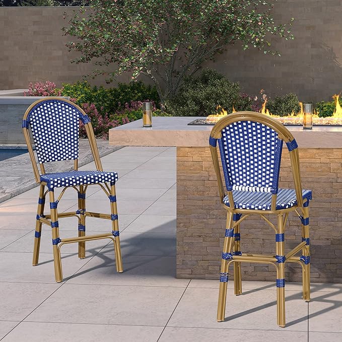 PURPLE LEAF French Counter Height Bar Stool Set of 2 25" Bamboo Print Finish Patio Bar Chairs with Back Rattan Bar Chairs French Bistro Set for Kitchen Outdoor Counter Stool Royal Blue