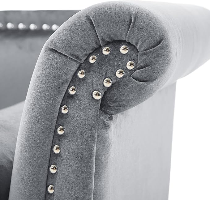 Christopher Knight Home Aurora Velvet Chaise Lounge Indoor with 2 Bolster Pillows, Upholstery Entryway Bench with Nailhead Trim & Curved Arms, End of Bed Bench Ottoman and Wooden Legs, Grey