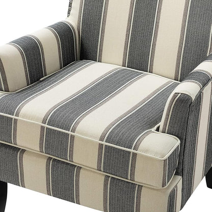 HULALA HOME Modern Accent Chairs Set of 2, Farmhouse High Back Striped Chairs with Wooden Legs & Nail Head Trim, Comfy Upholstered Armchairs for Living Room/Bedroom (Stripe Black)