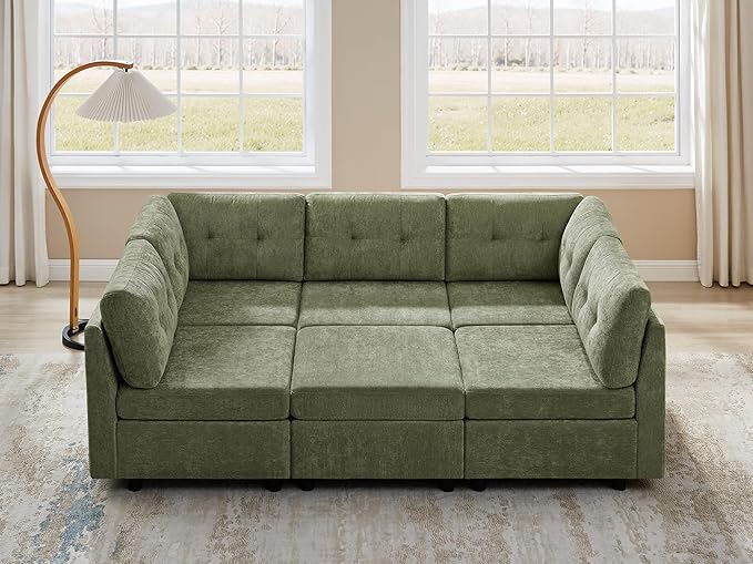VANOMi 5 Seat Cloud Couches for Living Room with Ottoman, Convertible Modular Sectional Sofa Bed, Chenille Cloud Sofas & Couches for Apartment, Office, Olive Green, Sofa Bed
