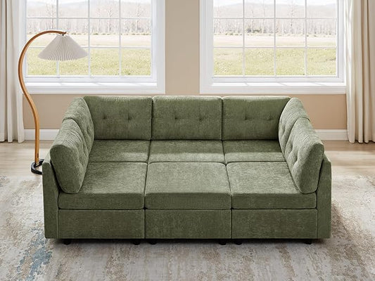 VANOMi 5 Seat Cloud Couches for Living Room with Ottoman, Convertible Modular Sectional Sofa Bed, Chenille Cloud Sofas & Couches for Apartment, Office, Olive Green, Sofa Bed