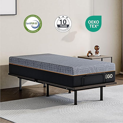 Twin XL Adjustable Bed Base Frame with Wireless Remote + 12 Inch Twin XL Gel Memory Foam Mattress Bed in a Box, Head and Foot Incline, Zero Gravity, Fiberglass Free,80" × 38"