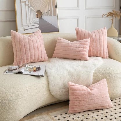 Pack of 2 Faux Fur Throw Pillow Covers 16x16 Inch Striped Decorative Soft Plush Couch Pillow Case Home Decor for Bed, Sofa, Living Room Pink