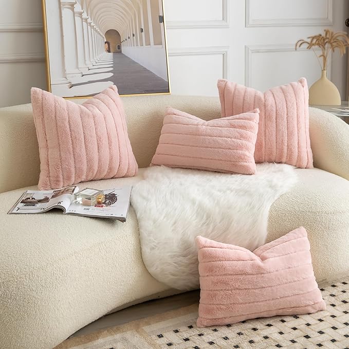 Pack of 2 Faux Fur Throw Pillow Covers 24x24 Inch Striped Decorative Soft Plush Couch Pillow Case Home Decor for Bed, Sofa, Living Room Pink