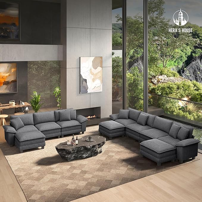 HERA'S HOUSE 124" Modular Sectional Sofa, Oversized L Shaped Couches for Living Room, Comfy Cloud Couch with Ottoman, 4-Seater Deep Seat Sofa with Throw Pillow, Corduroy Grey